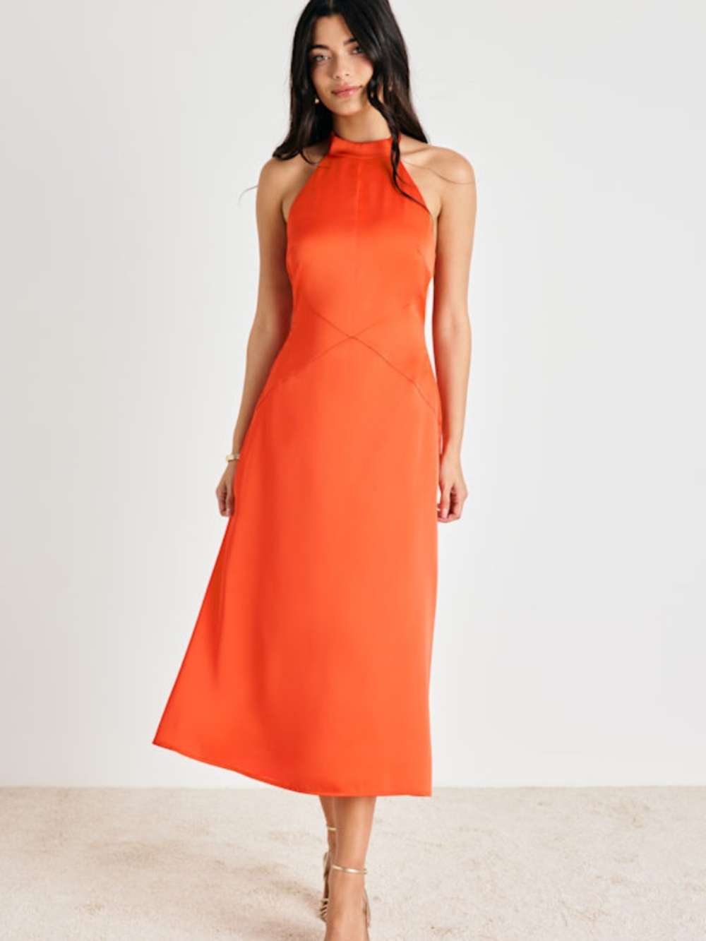 Lulus Deva Orange Satin Halter Midi Dress - Size L